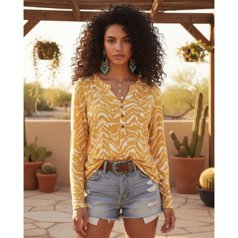 Wonderly Womens Top‎ Yellow Print V Neck Henley LS Boho Chic Casual Knit PL